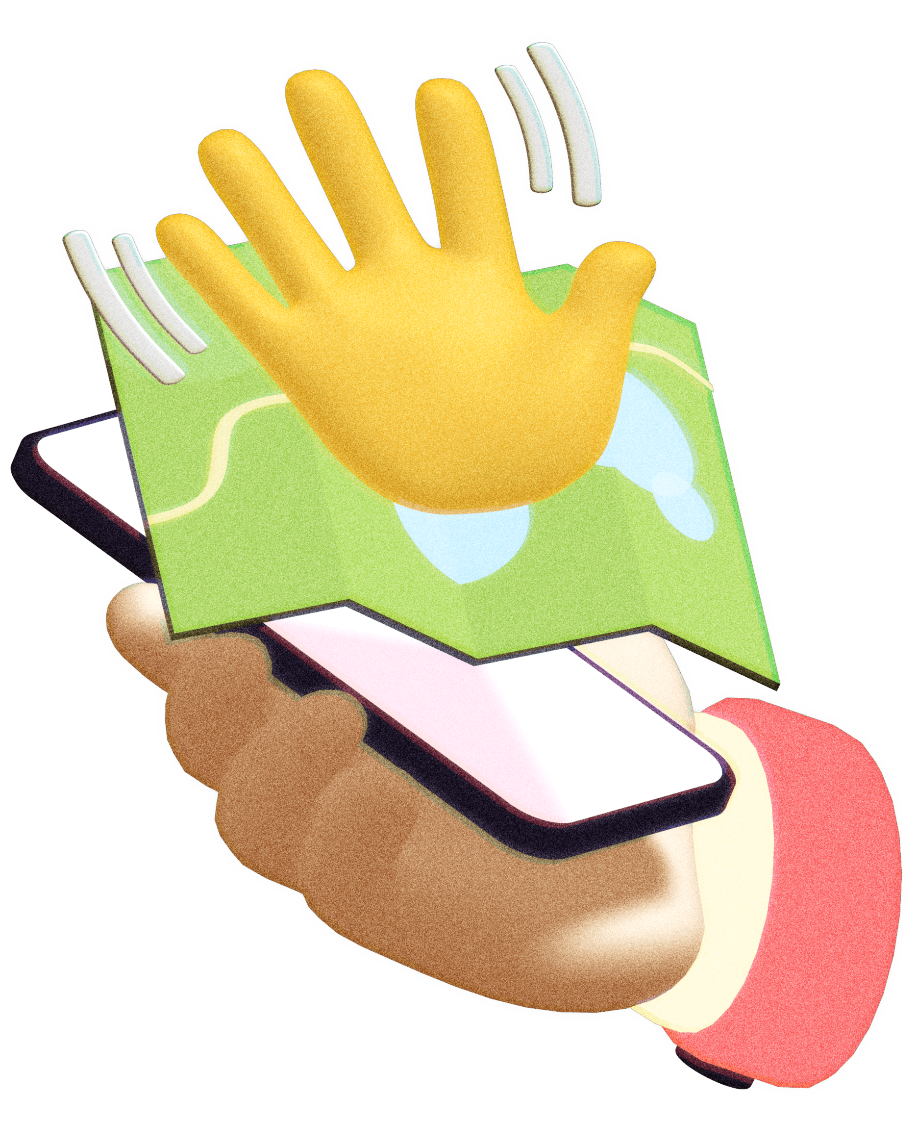 phone, map, and emoji hand